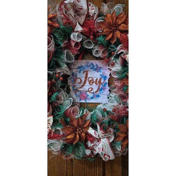 Hand Made Deco Mesh Christmas Poinsettia Holiday Door Wreath Winter Home Decor - Picture 5 of 7